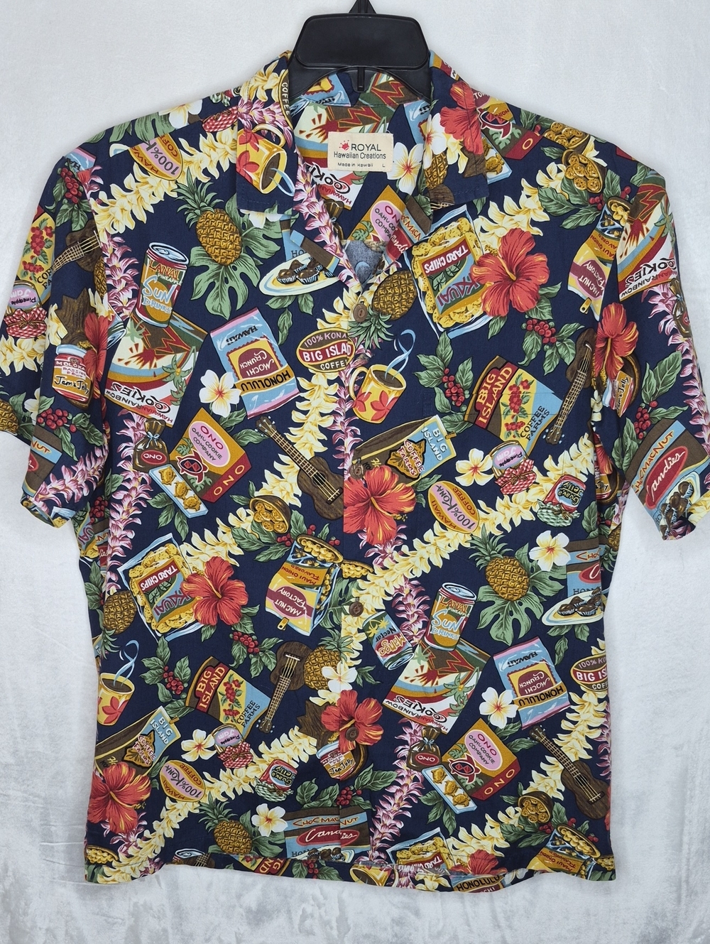 Vintage Royal Hawaiian Creations Big Island Coffee‎ Allover Print Shirt Men's L